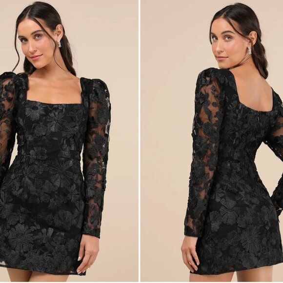 BRAND NEW XL -  HOLIDAY Masterfully Eloquent Black 3D Floral Mini Dress - Picture 2 of 4